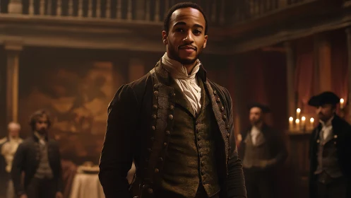 Confident man stands in candlelit historical salon interior