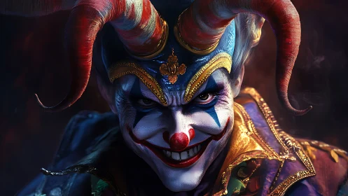 Sinister horned jester portrait under dramatic rim lighting