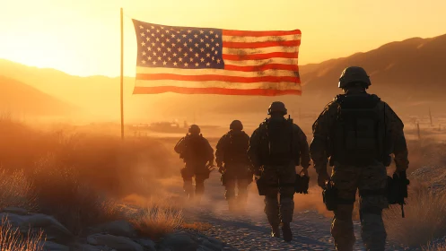 US soldiers march under flag through blazing desert sunset.