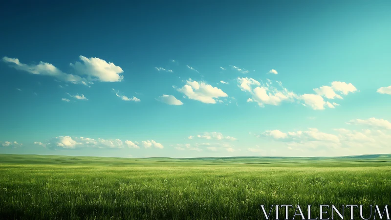 Green grass field extends under clear blue sky with clouds