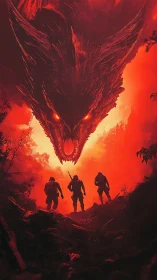 Colossal infernal dragon confronts three soldiers in red haze