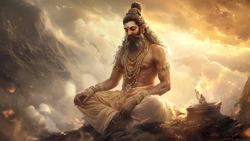 Golden mountain sage rests in deep, glowing meditation