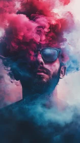 Male portrait obscured by dense red and blue smoke plumes.