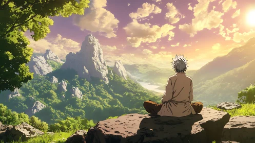 Solitary wanderer contemplates sunlit mountain valley panorama.