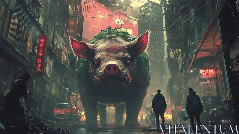 Gentle giant pig wandering a neon-soaked future alleyway.