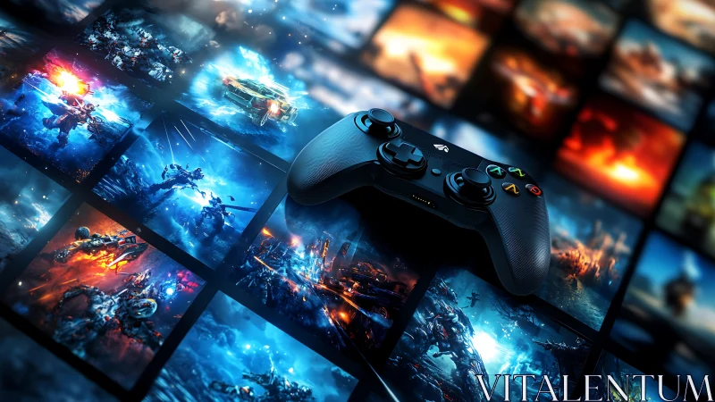 Game controller resting among vivid sci fi battle worlds.