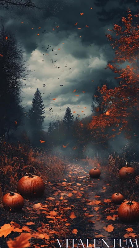Autumn forest path with pumpkins under overcast sky.
