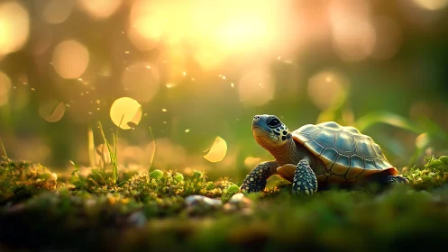 Sunlit forest hatchling wandering through glittering bokeh glow.