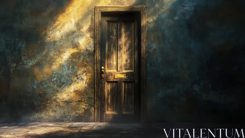 Mysterious wooden door glows against a dark textured wall