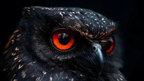 Striking Owl Close-Up With Intense Red Eyes, Dark Artistic Style.