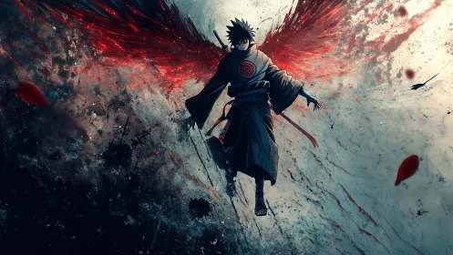 Dark anime warrior ascends amid blood-red burning wings