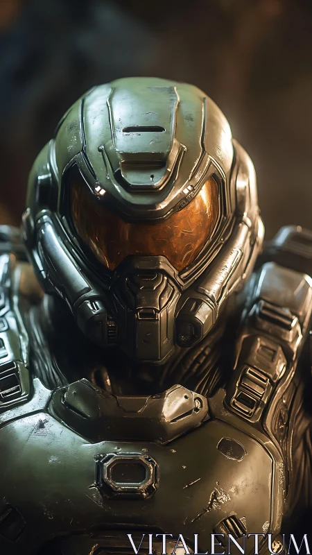 Armored sci fi soldier stands ready in molten amber light