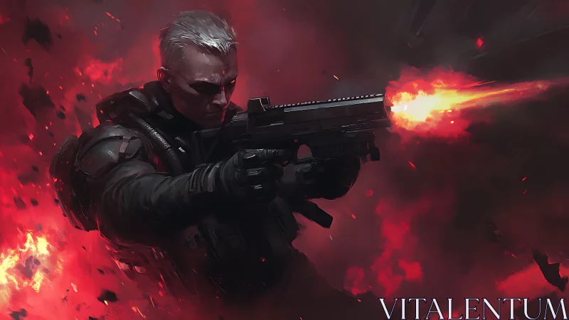 Tactical operator fires handgun through volumetric red explosions