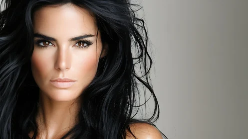 Woman&rsquo;s face in tight close-up portrait with dark hair