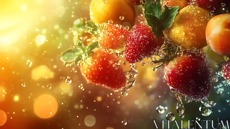 Strawberries and stone fruits suspended in splashing water