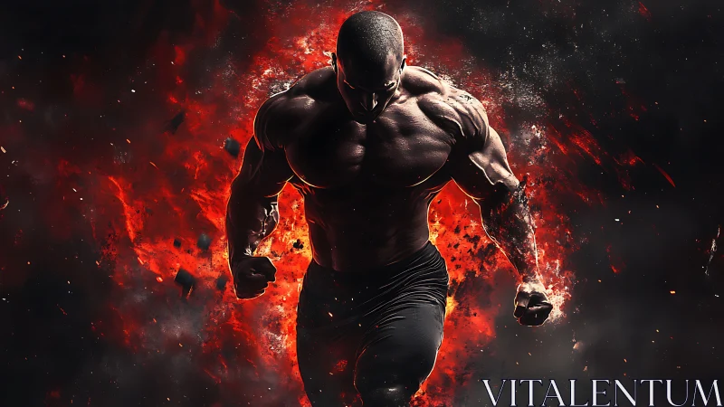 Muscular male runner emerges from explosive fire background