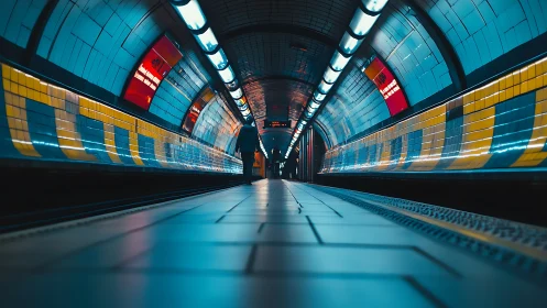Low vantage view of illuminated tiled underground platform.