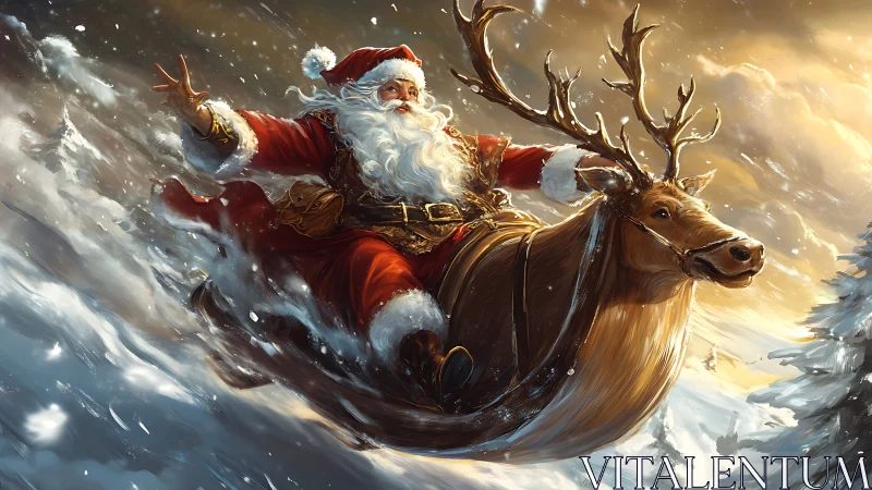 Kinetic Santa and reindeer traversing turbulent snowstorm.