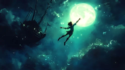 Silhouetted figure suspended before luminous full moon.