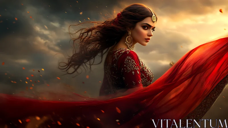 Digital painting of regal woman in red sari against storm sky.