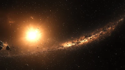 Stellar system with asteroid belt and glowing central star.