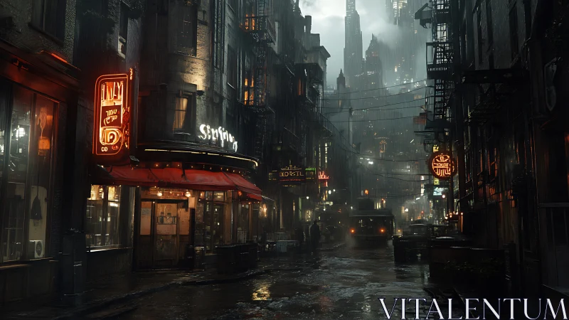Rain-soaked cyberpunk alleyway illuminated by moody neon signage