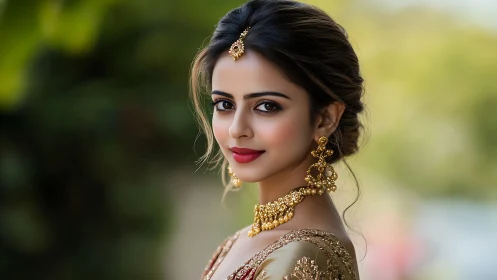 Bridal portrait showcases gold jewelry and soft daylight glow.