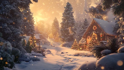 Snowy forest cabin glows with warm festive Christmas lights