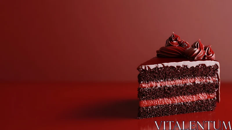 Layered Chocolate Cake Slice with Red Frosting Piping