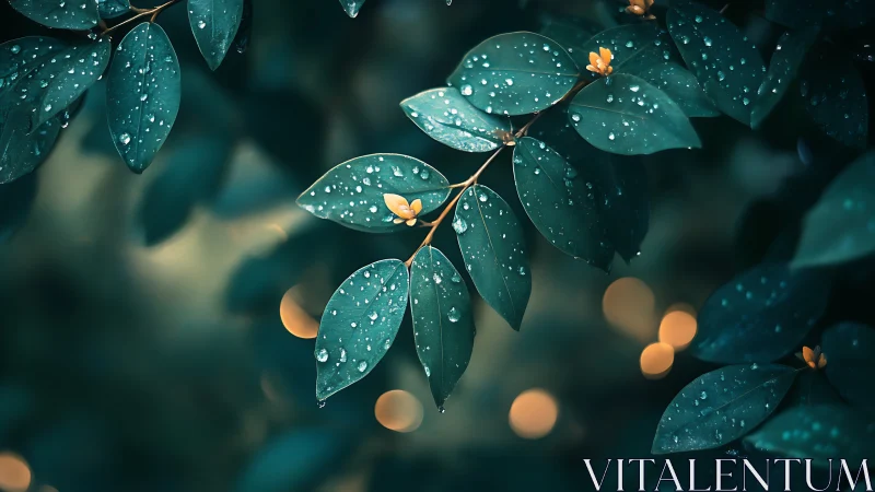 Macro photograph records wet leaves with small yellow buds