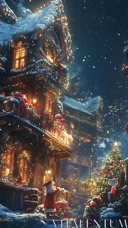 Snowlit Christmas street glows with whimsical Santa magic.