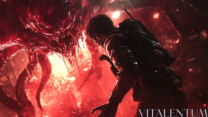 Soldier confronts infernal red monster in burning corridor.