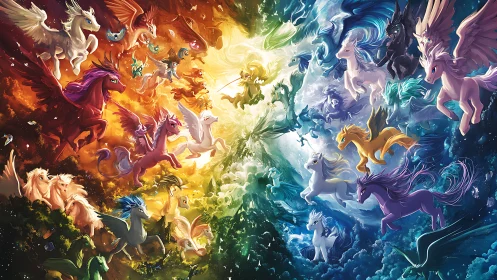 Opposing multicolored winged horses converge around central light