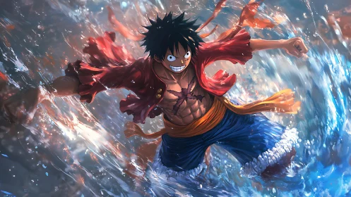 Storm-charged hero leaping through glowing ocean spray.