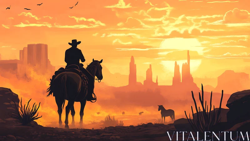 Silhouetted rider observes desert plateau at orange sunset