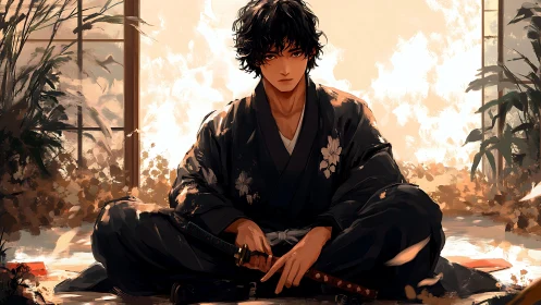 Brooding samurai in autumn-lit dojo, cradling a silent blade.