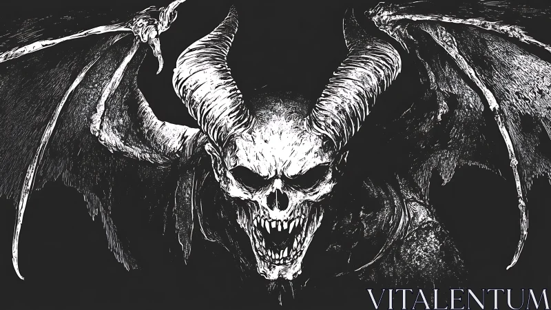 Brooding horned skull demon spreads tattered wings in shadow