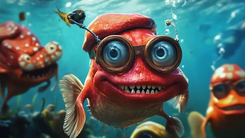 Quirky cartoon fish with goggles in bright underwater scene.