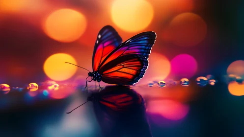 Digital painting macro of neon butterfly with bokeh backdrop.