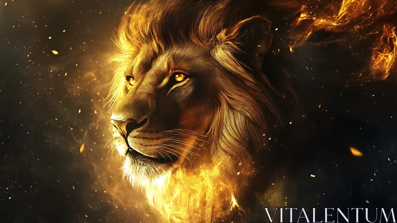 Solar-crowned lion blazing through embers of midnight fire.