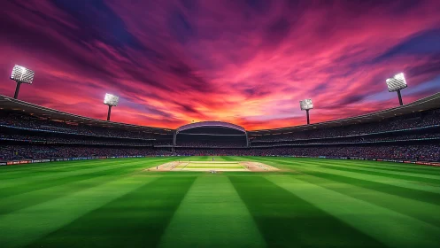 Sunset cricket stadium glowing under a sky of painted fire.