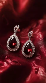 Teardrop garnet earrings with halo diamonds on red satin fabric