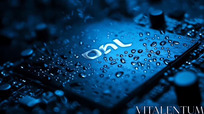 Cool blue raindrops sparkling across sleek circuit tech.