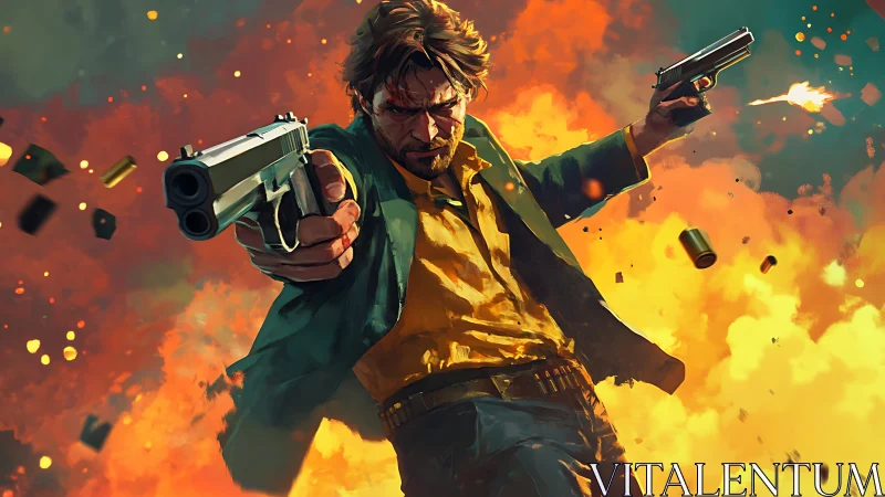 Gun-wielding action hero diving through explosive firestorm.