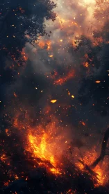 Inferno Engulfing Forest Landscape with Dynamic Flame Particles.