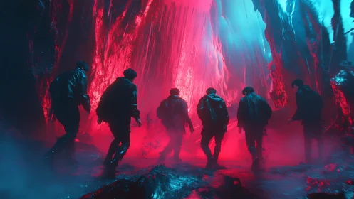 Explorers in neon cavern light step into the unknown glow.