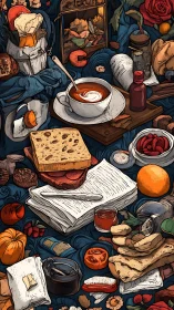 Cozy sketchbook brunch scene filled with warm rustic treats.
