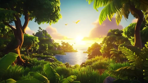 Tropical Lagoon Paradise at Golden Sunset Hour.