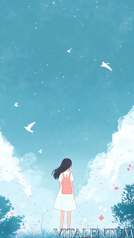 Girl with pink backpack under expansive cyan sky, birds