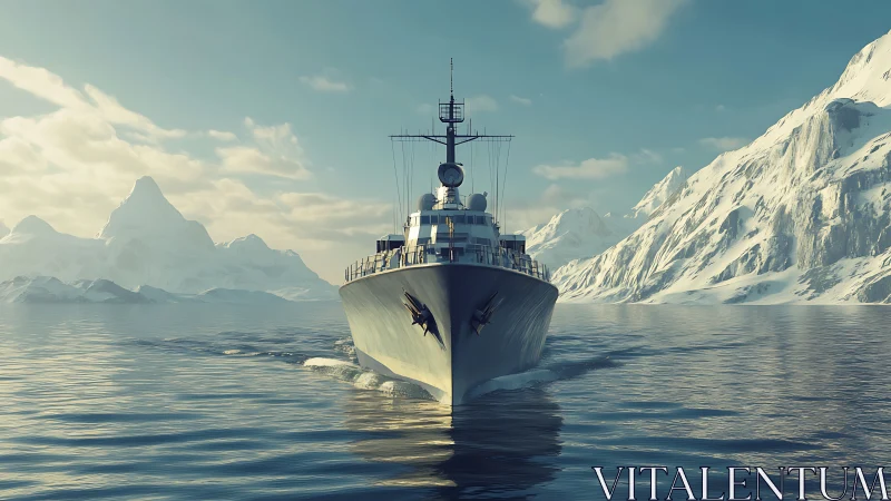 Sleek exploration ship gliding through calm icy fjord waters.